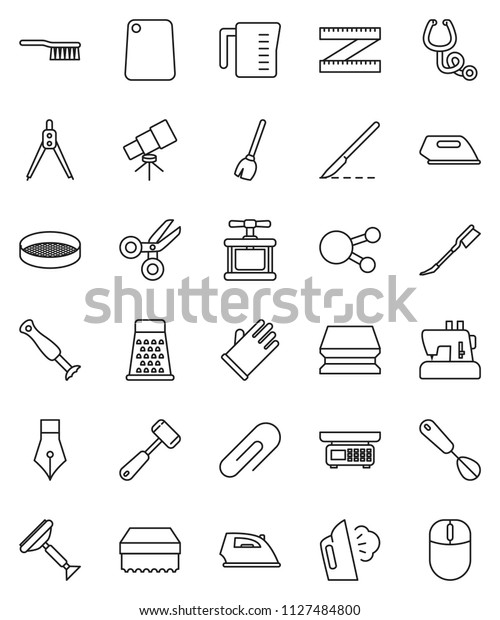 thin line vector icon set - scraper vector,\
broom, fetlock, sponge, car, iron, steaming, rubber glove,\
measuring cup, cook press, whisk, meat hammer, cutting board,\
grater, sieve, pen,\
telescope