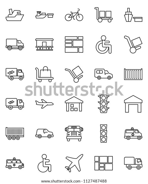 thin line vector icon set - school bus vector,\
bike, plane, traffic light, ship, truck trailer, sea container,\
delivery, car, port, consolidated cargo, warehouse, Railway\
carriage, disabled,\
trolley