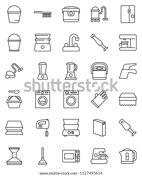 thin\
line vector icon set - plunger vector, water tap, vacuum cleaner,\
bucket, sponge, car, washing powder, rubber glove, double boiler,\
blender, fridge, washer, mixer, coffee maker,\
kettle