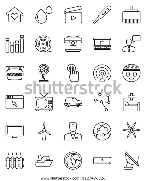 thin line vector icon set - earth vector, ship, car,\
Railway carriage, cinema clap, film spool, antenna, equalizer,\
internet, touchscreen, speaking man, monitor, doctor, thermometer,\
blood drop, fan