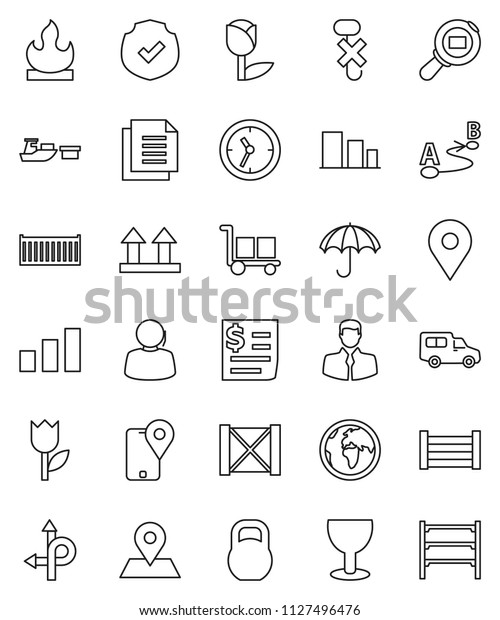 thin line vector icon set - route vector, earth,\
map pin, support, client, traking, sea container, car, clock,\
receipt, port, wood box, document, glass, cargo, umbrella, top\
sign, no hook, tulip