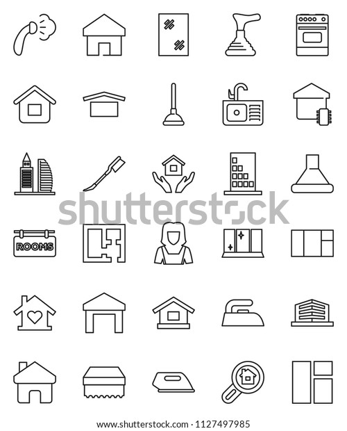 thin line vector icon set - plunger vector,\
sponge, car fetlock, window cleaning, iron, steaming, shining,\
house hold, sink, cleaner woman, oven, dry cargo, warehouse, home,\
plan, rooms signboard