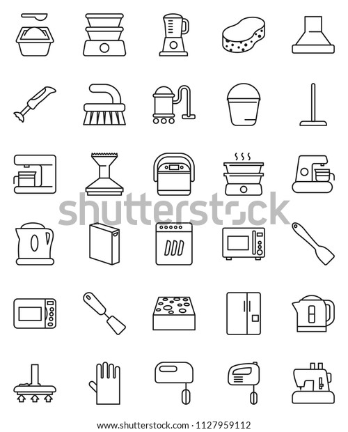 thin line vector icon set - vacuum cleaner\
vector, fetlock, mop, bucket, sponge, car, washing powder, rubber\
glove, spatula, microwave oven, fridge, dishwasher, mixer, coffee\
maker, hood, blender