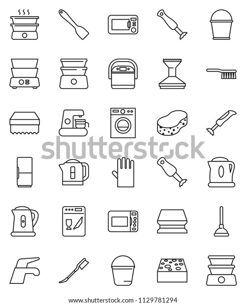 thin line vector icon set - plunger vector, water\
tap, fetlock, bucket, sponge, car, rubber glove, kettle, spatula,\
double boiler, blender, fridge, washer, dishwasher, coffee maker,\
multi cooker