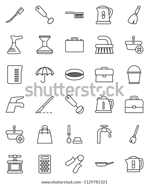 thin line vector icon set - plunger vector,
broom, water tap, fetlock, bucket, car, toilet brush, pan, kettle,
measuring cup, cook press, whisk, ladle, grater, sieve, case, hand
trainer, umbrella