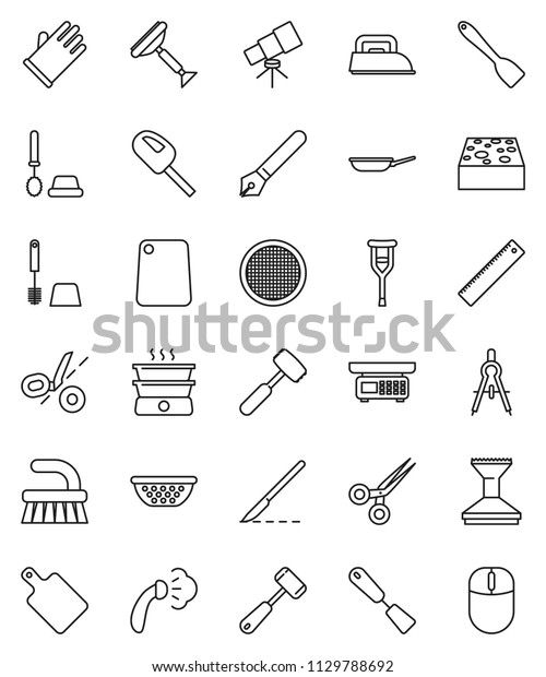 thin line vector icon set - scraper vector,\
fetlock, sponge, car, steaming, toilet brush, rubber glove, pan,\
colander, spatula, meat hammer, cutting board, sieve, pen, ruler,\
drawing compass, coupon