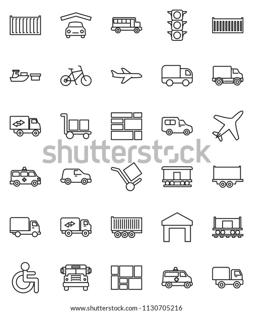 thin line vector icon set - school bus vector,\
bike, Railway carriage, plane, traffic light, truck trailer, sea\
container, delivery, car, port, consolidated cargo, warehouse,\
disabled, amkbulance