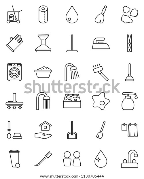 thin line vector icon set - plunger vector,\
cleaner trolley, broom, vacuum, mop, scoop, clothespin, sponge,\
trash bin, water drop, car fetlock, splotch, iron, drying clothes,\
toilet brush, washer
