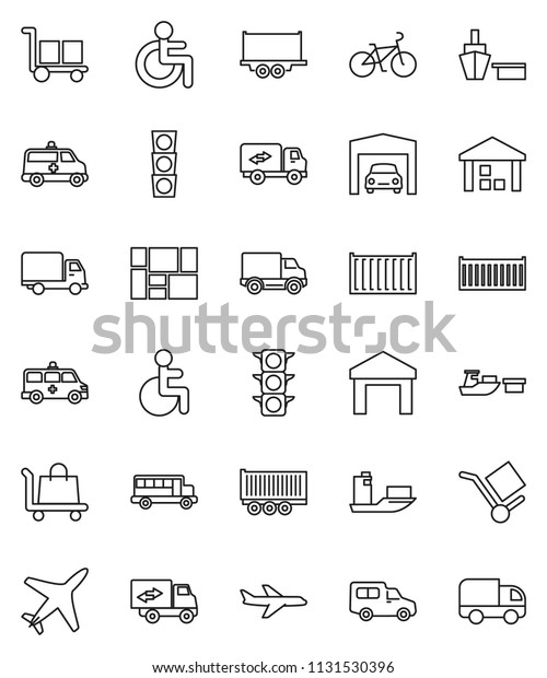thin line vector icon set - school bus vector,\
bike, plane, traffic light, ship, truck trailer, sea container,\
delivery, car, port, consolidated cargo, warehouse, disabled,\
amkbulance, garage