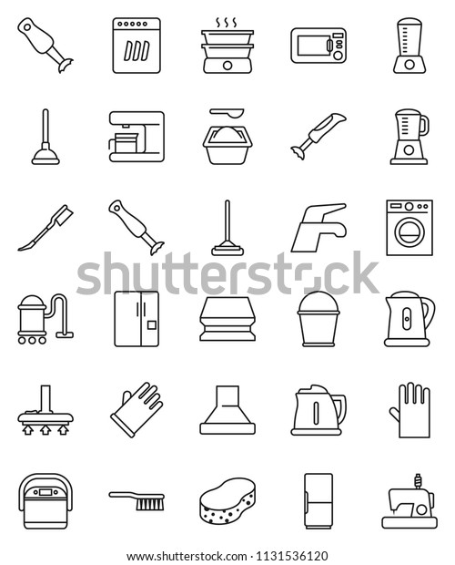 thin line vector icon set - plunger vector, water\
tap, vacuum cleaner, fetlock, mop, bucket, sponge, car, washing\
powder, rubber glove, kettle, blender, fridge, washer, dishwasher,\
coffee maker