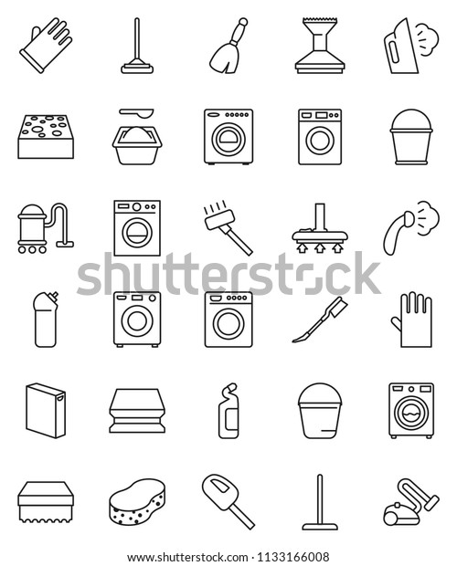 thin line vector icon set - broom\
vector, vacuum cleaner, mop, bucket, sponge, car fetlock, steaming,\
washer, washing powder, cleaning agent, rubber\
glove