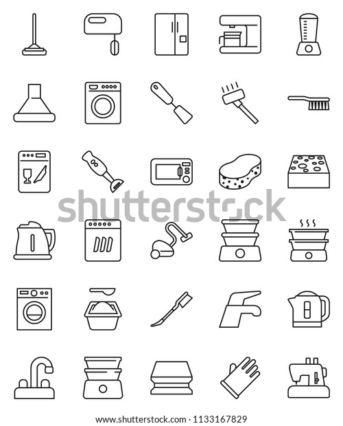 thin line vector icon set - water tap vector,\
vacuum cleaner, fetlock, mop, sponge, car, washing powder, rubber\
glove, kettle, spatula, double boiler, blender, fridge, washer,\
dishwasher, mixer