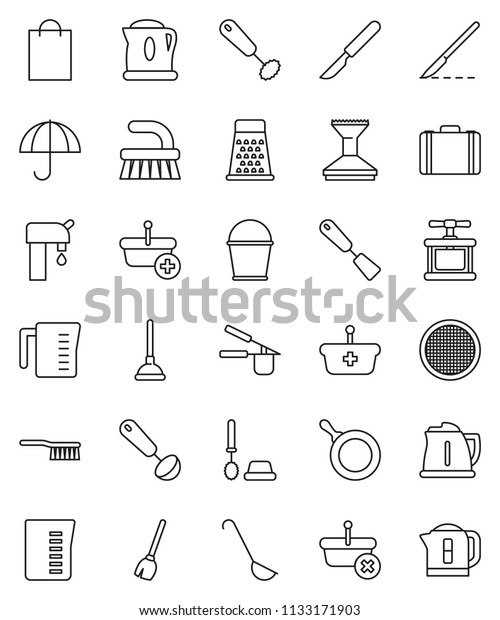 thin line vector icon set - plunger vector, broom,\
fetlock, bucket, car, toilet brush, pan, kettle, measuring cup,\
cook press, whisk, spatula, ladle, grater, sieve, case, umbrella,\
scalpel, basket