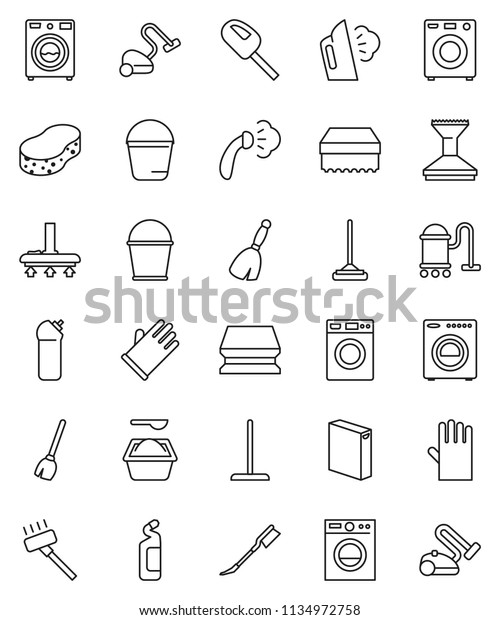 thin line vector icon set - broom\
vector, vacuum cleaner, mop, bucket, sponge, car fetlock, steaming,\
washer, washing powder, cleaning agent, rubber\
glove