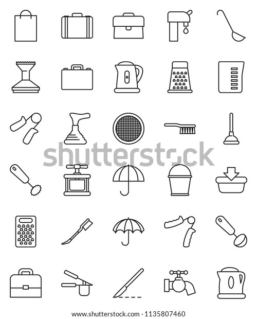 thin line vector icon set - plunger vector,
fetlock, bucket, water tap, car, kettle, measuring cup, cook press,
whisk, ladle, grater, sieve, case, hand trainer, umbrella, scalpel,
supply, basket