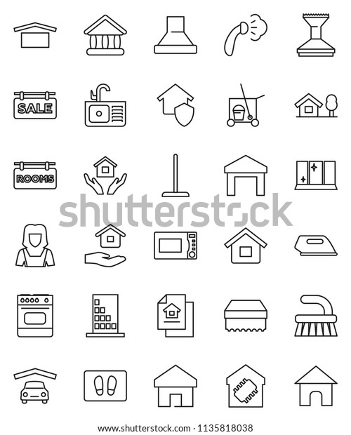 thin line vector icon set - cleaner trolley vector,\
fetlock, mop, sponge, car, welcome mat, steaming, shining window,\
house hold, sink, woman, microwave oven, university, dry cargo,\
warehouse, home