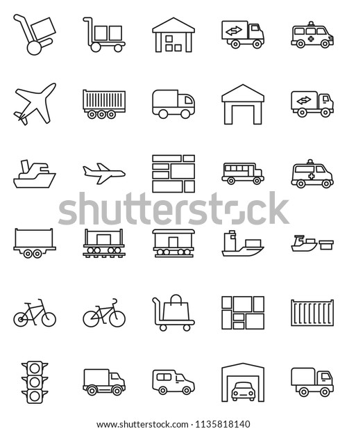 thin\
line vector icon set - school bus vector, bike, Railway carriage,\
plane, traffic light, ship, truck trailer, sea container, delivery,\
car, port, consolidated cargo, warehouse,\
amkbulance