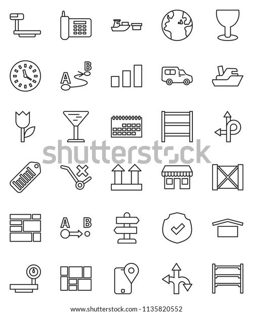 thin line vector icon set - route vector,\
signpost, earth, office, phone, traking, ship, car, clock,\
calendar, port, wood box, consolidated cargo, glass, dry, top sign,\
no trolley, tulip,\
sorting