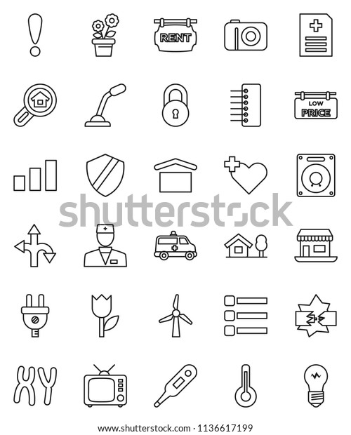 thin line vector icon set - route vector, attention,\
office, dry cargo, tulip, sorting, tv, heart cross, doctor,\
thermometer, chromosomes, anamnesis, amkbulance car, disconnection,\
menu, shield, hub