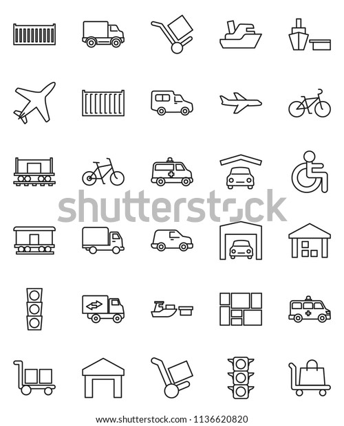 thin line vector icon set - bike vector, Railway\
carriage, plane, traffic light, ship, sea container, delivery, car,\
port, consolidated cargo, warehouse, disabled, amkbulance, garage,\
trolley