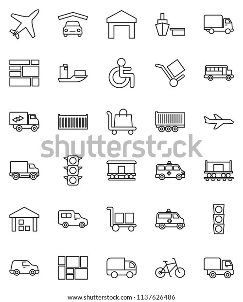 thin line vector icon set - school bus vector,
bike, Railway carriage, plane, traffic light, ship, truck trailer,
sea container, delivery, car, port, consolidated cargo, warehouse,
disabled, garage