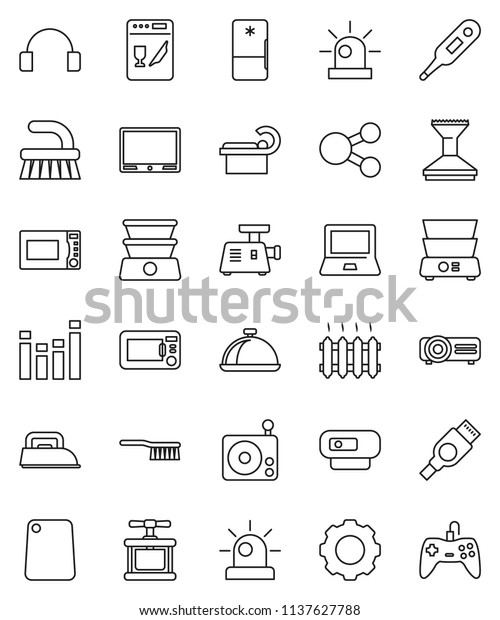 thin line vector icon set - fetlock vector, car,\
cook press, cutting board, microwave oven, double boiler, dish,\
notebook pc, radio, equalizer, headphones, hdmi, thermometer,\
tomography, gear, share