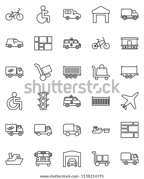 thin line vector icon set - school bus vector,\
bike, plane, traffic light, ship, truck trailer, sea container,\
delivery, car, port, consolidated cargo, warehouse, Railway\
carriage, disabled,\
garage