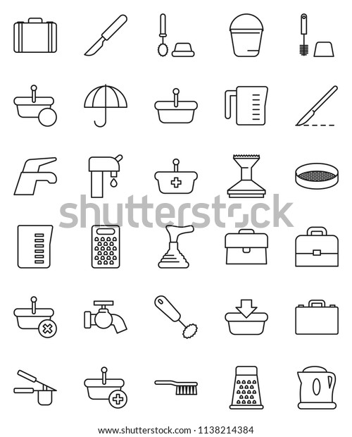 thin line
vector icon set - plunger vector, water tap, fetlock, bucket, car,
toilet brush, measuring cup, cook press, whisk, grater, sieve,
case, umbrella, scalpel, supply, basket,
kettle