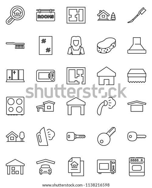 thin line vector icon set - fetlock vector,\
sponge, car, window cleaning, steaming, shining, cleaner woman,\
microwave oven, dry cargo, warehouse, home, key, cottage, chalet,\
garage, plan, search