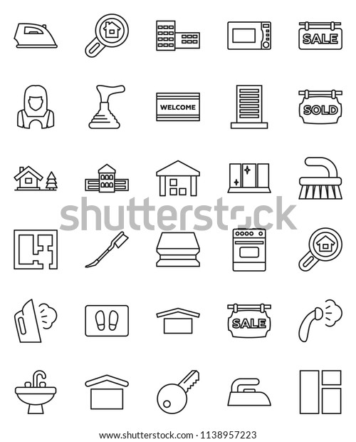 thin line vector icon set - plunger vector, fetlock,\
sponge, car, welcome mat, iron, steaming, shining window, sink,\
cleaner woman, microwave oven, school building, dry cargo,\
warehouse, chalet, key
