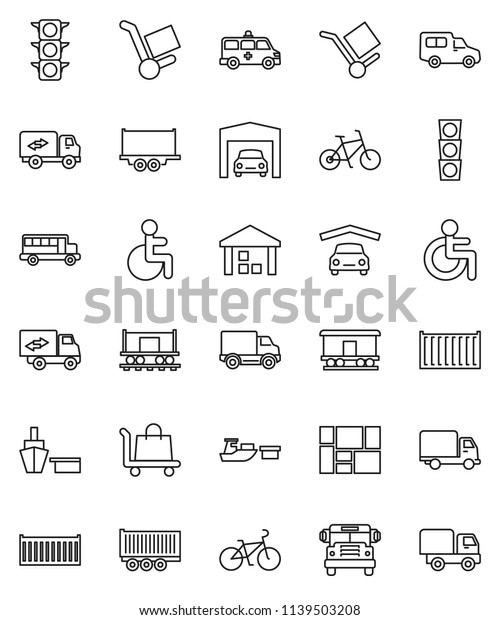 thin line vector icon set - school bus vector,\
bike, Railway carriage, traffic light, truck trailer, sea\
container, delivery, car, port, consolidated cargo, warehouse,\
disabled, amkbulance,\
garage