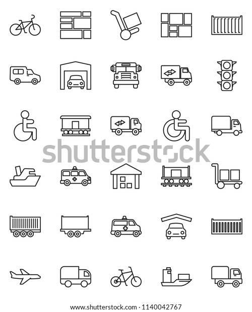 thin line vector icon set - school bus vector,
bike, Railway carriage, plane, traffic light, ship, truck trailer,
sea container, delivery, car, consolidated cargo, warehouse,
disabled, amkbulance