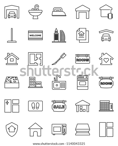 thin line vector icon set - mop vector,\
sponge, car fetlock, window cleaning, welcome mat, sink, microwave\
oven, warehouse, house, garage, plan, estate document, sale\
signboard, rooms,\
apartments