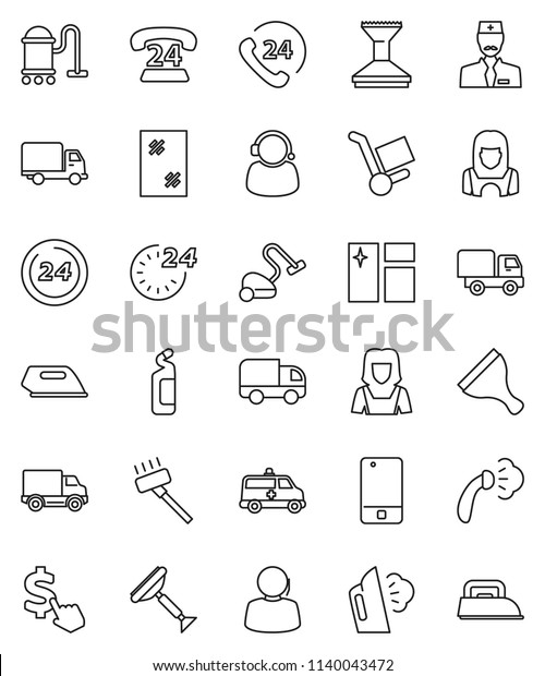 thin line vector icon set - scraper vector, vacuum\
cleaner, car fetlock, window cleaning, steaming, agent, woman,\
dollar cursor, phone 24, support, delivery, mobile, amkbulance,\
doctor, hour, iron