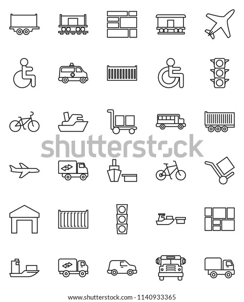thin line vector icon set - school bus vector,
bike, Railway carriage, plane, traffic light, ship, truck trailer,
sea container, car, port, consolidated cargo, warehouse, disabled,
amkbulance