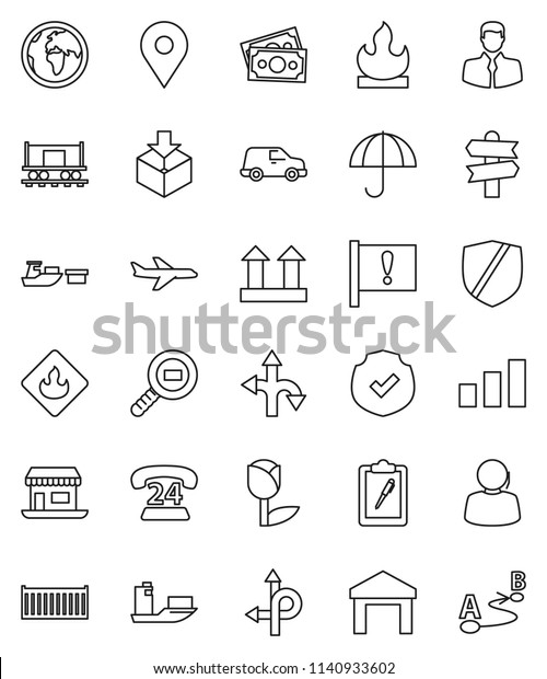 thin line vector icon set - route vector,\
signpost, earth, map pin, Railway carriage, attention, office,\
plane, money, phone 24, support, client, ship, sea container, car,\
port, clipboard, umbrella