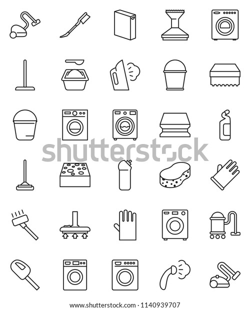 thin line vector icon set - vacuum cleaner\
vector, mop, bucket, sponge, car fetlock, steaming, washer, washing\
powder, cleaning agent, rubber\
glove