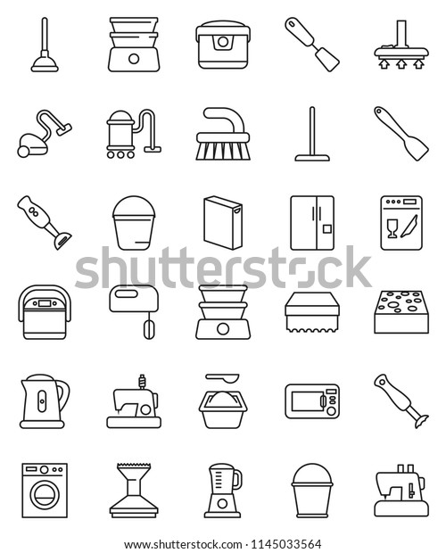 thin\
line vector icon set - plunger vector, vacuum cleaner, fetlock,\
mop, bucket, sponge, car, washing powder, kettle, spatula, double\
boiler, blender, fridge, washer, dishwasher,\
mixer
