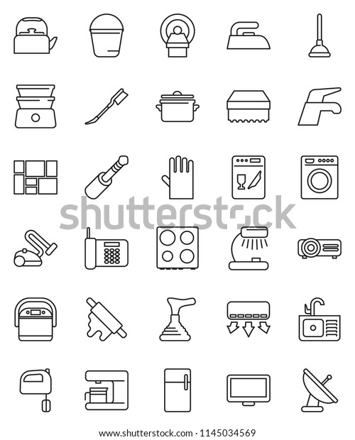 thin line vector icon set - plunger vector, water\
tap, bucket, sponge, car fetlock, iron, rubber glove, sink, pan,\
kettle, rolling pin, mixer, oven, double boiler, table lamp,\
consolidated cargo