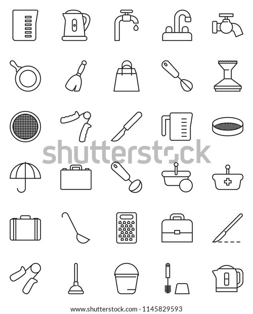 thin line vector icon set - plunger vector,
broom, bucket, water tap, car fetlock, toilet brush, pan, kettle,
measuring cup, whisk, ladle, grater, sieve, case, hand trainer,
umbrella, scalpel