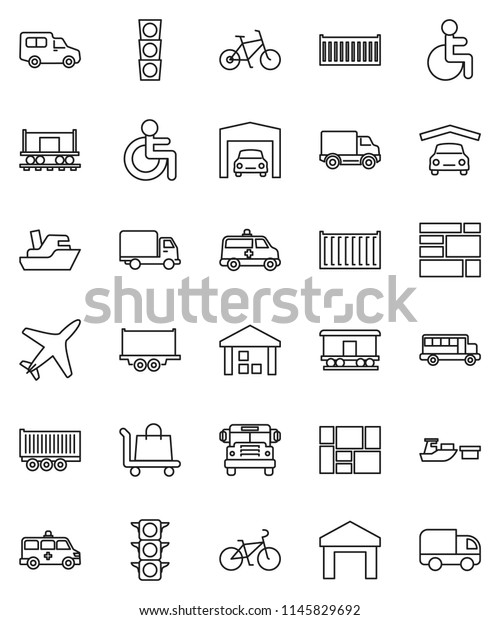thin line vector icon set - school bus vector,\
bike, Railway carriage, plane, traffic light, ship, truck trailer,\
sea container, delivery, car, port, consolidated cargo, warehouse,\
disabled, garage