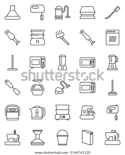 thin line vector icon set - vacuum cleaner vector,\
mop, bucket, sponge, car fetlock, washing powder, spatula,\
microwave oven, double boiler, blender, dishwasher, mixer, coffee\
maker, hood, kettle