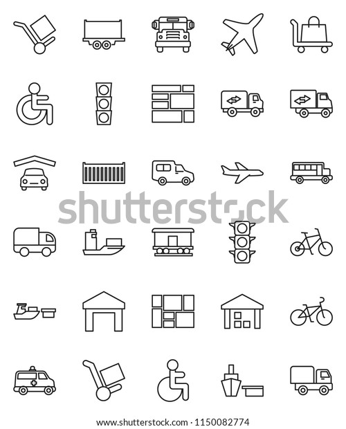 thin line vector icon set - school bus vector,\
bike, plane, traffic light, ship, truck trailer, sea container,\
car, port, consolidated cargo, warehouse, Railway carriage,\
disabled, amkbulance