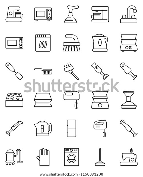 thin line vector icon set - plunger vector, vacuum\
cleaner, fetlock, mop, sponge, car, rubber glove, water tap,\
spatula, microwave oven, double boiler, blender, fridge, washer,\
dishwasher, mixer