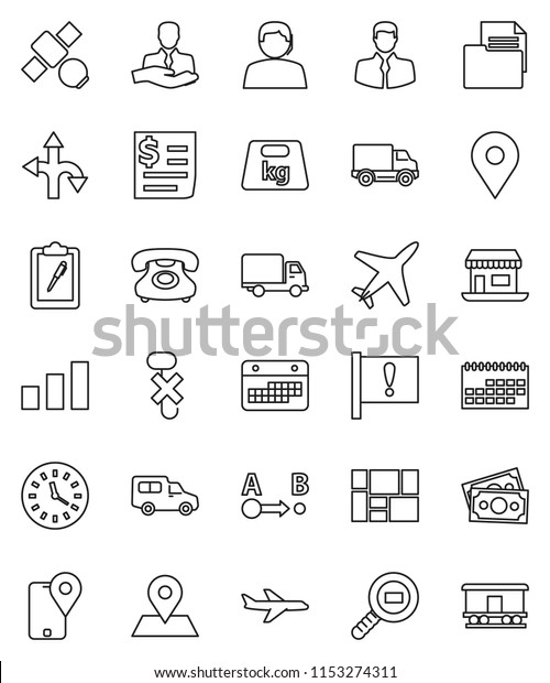 thin line vector icon set - route vector, map\
pin, attention, office, plane, satellite, money, phone, support,\
client, traking, delivery, car, clock, calendar, receipt,\
consolidated cargo,\
clipboard