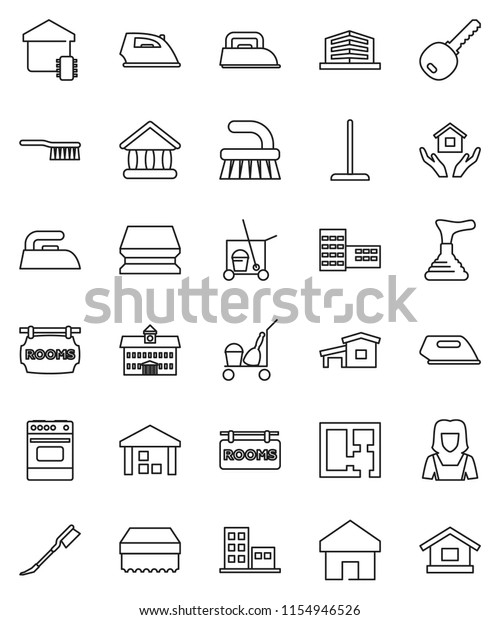 thin line vector icon set - plunger vector,\
cleaner trolley, fetlock, mop, sponge, car, iron, house hold,\
woman, oven, university, school building, warehouse, home, cottage,\
plan, rooms signboard