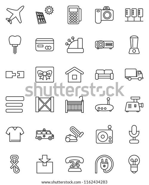 thin line vector icon set - plane vector, phone 24,\
delivery, wood box, no hook, package, radio, microphone, amkbulance\
car, tooth implant, server, menu, router, connection, solar panel,\
crib, gift