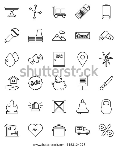 thin line vector icon set - house hold vector, water\
closet, pan, knife, bell, constellation, piggy bank, heart pulse,\
car, wood box, cargo, weight, flammable, barcode, microphone,\
loudspeaker, pin
