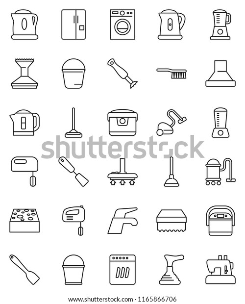 thin line\
vector icon set - plunger vector, water tap, vacuum cleaner,\
fetlock, mop, bucket, sponge, car, kettle, spatula, fridge, washer,\
dishwasher, mixer, hood, multi cooker,\
blender