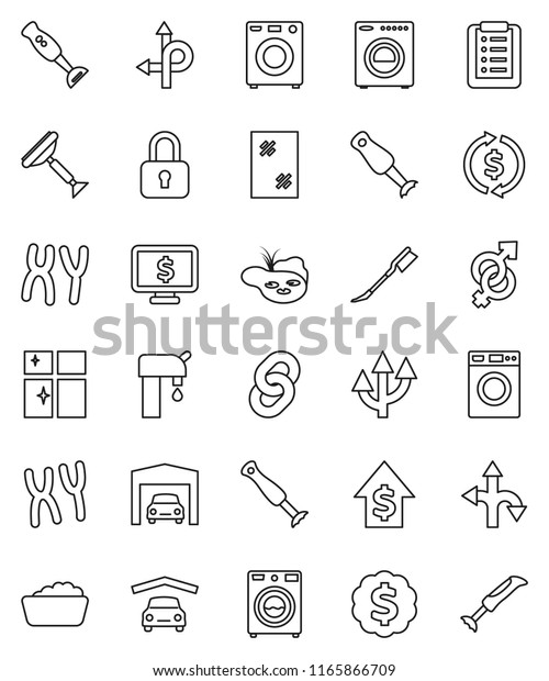 thin line vector icon set - scraper vector, car\
fetlock, window cleaning, washer, foam basin, shining, blender,\
exchange, dollar growth, medal, monitor, route, gender sign,\
chromosomes, chain, arrow